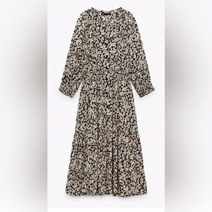 Zara‎ Midi Dress Smocked Waist & Cuffs 3/4 Sleeve Ruffle Boho Festival Sz XS